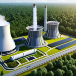 **Prompt:** A futuristic nuclear power plant with small modular reactors (SMRs) surrounded by lush greenery. The design emphasizes safety and sustainability, incorporating advanced technology like fourth-generation reactors. Include elements of renewable energy integration like wind turbines and solar panels, symbolizing a transition to a cleaner energy future. The scene should be brightly lit, showcasing innovation and environmental harmony.