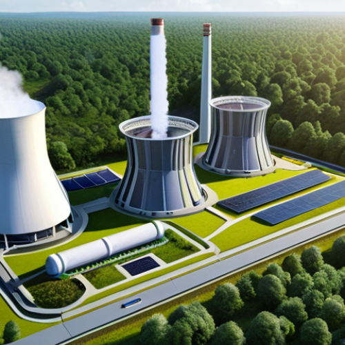 Home 4 **Prompt:** A futuristic nuclear power plant with small modular reactors (SMRs) surrounded by lush greenery. The design emphasizes safety and sustainability, incorporating advanced technology like fourth-generation reactors. Include elements of renewable energy integration like wind turbines and solar panels, symbolizing a transition to a cleaner energy future. The scene should be brightly lit, showcasing innovation and environmental harmony.