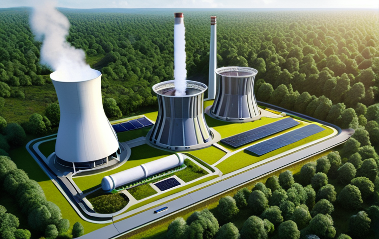 **Prompt:** A futuristic nuclear power plant with small modular reactors (SMRs) surrounded by lush greenery. The design emphasizes safety and sustainability, incorporating advanced technology like fourth-generation reactors. Include elements of renewable energy integration like wind turbines and solar panels, symbolizing a transition to a cleaner energy future. The scene should be brightly lit, showcasing innovation and environmental harmony.