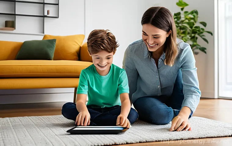 스마트 그리드 기술 - **Prompt 1: The Empowered Smart Home Family**
"A vibrant, wide-angle shot of a modern living roo...