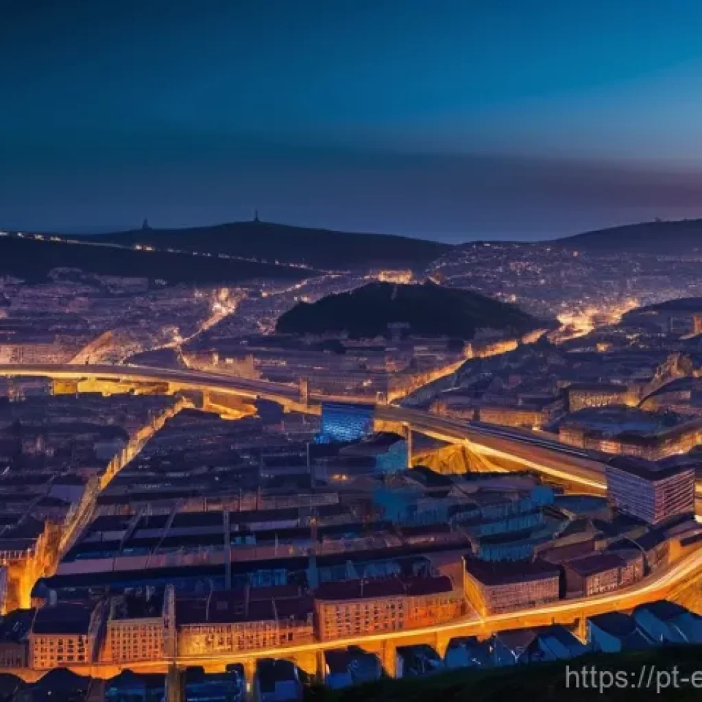 에너지 네트워크 보안 - **Prompt:** A dramatic, wide-angle shot of a futuristic Portuguese city at dusk, such as Lisbon or P...