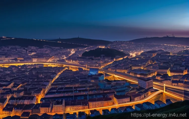 에너지 네트워크 보안 - **Prompt:** A dramatic, wide-angle shot of a futuristic Portuguese city at dusk, such as Lisbon or P...