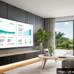 Home 22 스마트 미터 데이터 분석 - A modern Brazilian residential living room featuring a smart energy meter mounted on the wall, displ...