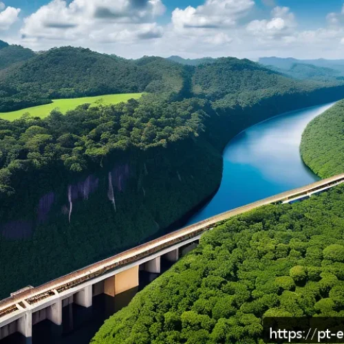 Home 33 에너지 자원 개발 - A panoramic aerial view of a modern Brazilian hydroelectric dam surrounded by lush rainforest, featu...