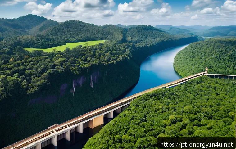 에너지 자원 개발 - A panoramic aerial view of a modern Brazilian hydroelectric dam surrounded by lush rainforest, featu...