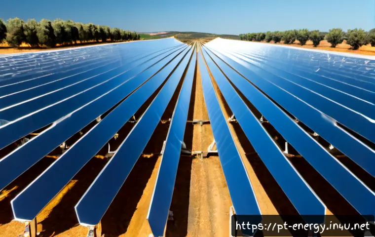 고온 태양열 발전 기술 - Photorealistic wide-angle view of a concentrated solar thermal power plant in the sunlit Alentejo co...